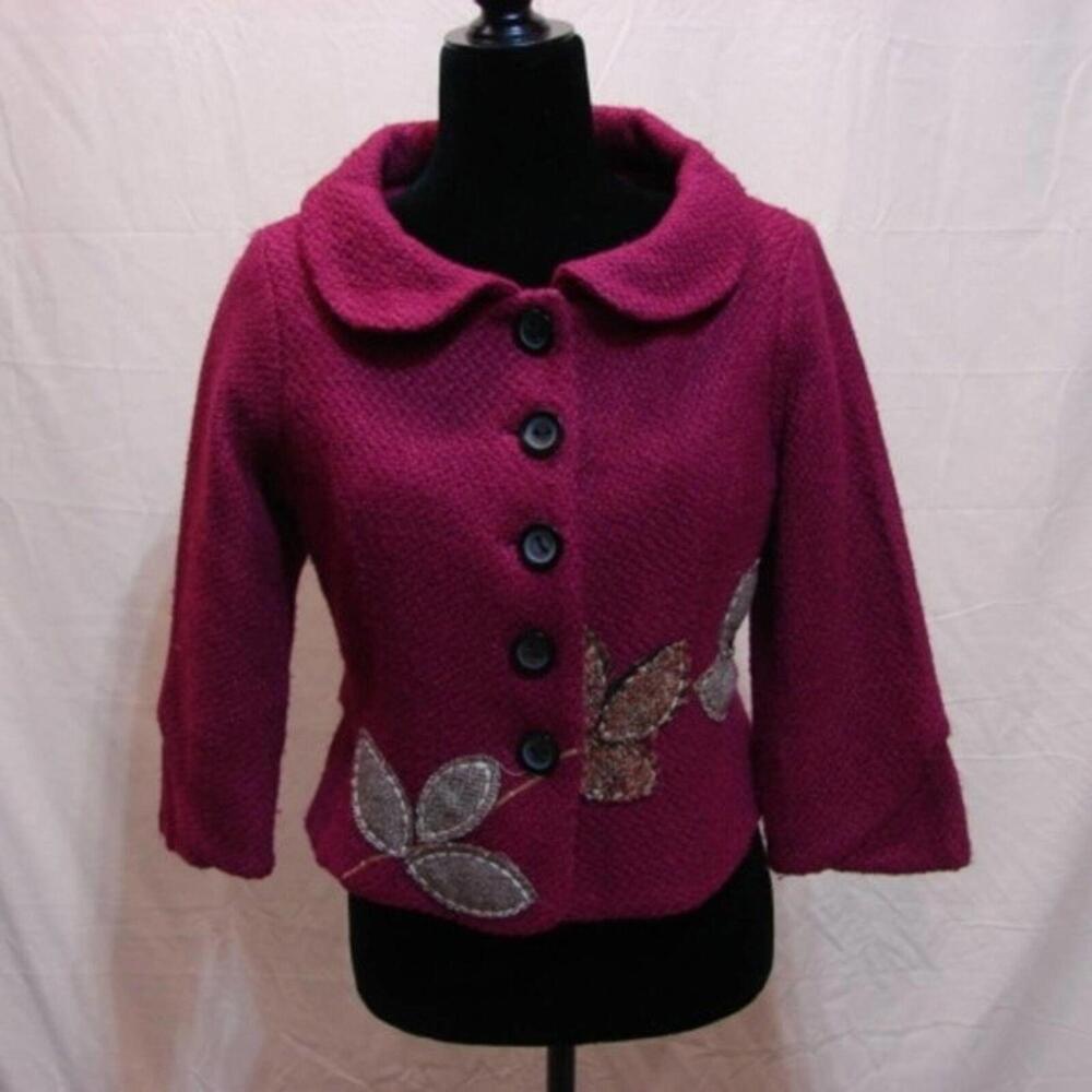 Women's Raspberry Button-Front Blazer with Leaf Appliqués